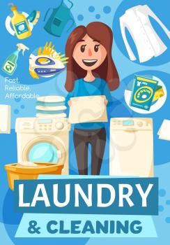 Laundry and cleaning service. Cleaner woman or maid with clean clothes in basket near washing machine, iron, brush and gloves, apron, detergent bottle and sponge, housework and household chores design
