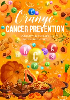 Orange day color diet nutrition of vegetables, fruits and spices. Vector vitamin orange, papaya and apple, peach, carrot and pumpkin, ginger, cinnamon and saffron, dried apricot and sea buckthorn