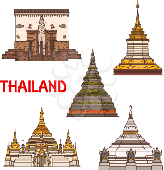 Travel landmark of Thailand, vector icons of ancient buddhist temple. Stupas of Phra That Chedi Luang and Phra That Doi Chom Thong, Phra That Doi Kong Mu, Chong Klang and chapel of Wat Si Chum