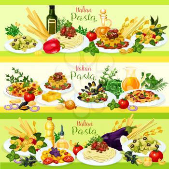 Italian cuisine pasta with meat, vegetable and seafood dishes. Spaghetti and rigatoni bolognese, farfalle with veggies and meat ravioli, linguine with cheese and mussels, shrimp tortellini
