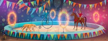 Circus show arena, acrobat equilibrist on unicycle wheel and trained animals. Vector big top circus performance horse rider or tamer and tiger with fire rings and monkey juggling balls