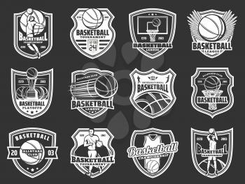 Basketball team badges, championship cup or team league icons. Vector basketball sport club symbols of player with ball on wings and victory award and scoreboard