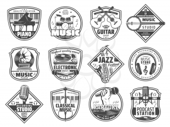 Sound recording studio label, music instruments store and karaoke club icons. Vector radio station or retro music festival piano, microphone and DJ headphones, jazz club saxophone and guitar