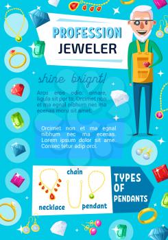 Jeweler professional worker and jewelry bijou. Vector jewelry expert appraiser or goldsmith with gems, golden rings and necklaces, diamond earring and pendant with ruby, sapphire and emerald crystals
