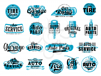 Automobile spare parts workshop, car repair and diagnostic service center lettering icons. Vector automotive garage and mechanic station, tire change or engine spark plugs and brakes replacement