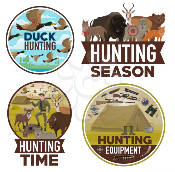 Hunting and hunt equipment, open season posters. Vector wild animals bear, wolf or fox and ducks, hunter ammo rife gun, binoculars and trap for buffalo, boar or mountain sheep and forest lynx