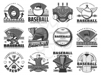 Baseball sport, team club badges or league tournament icons. Vector baseball or softball game championship season, player bat and ball with safety helmet and equipment