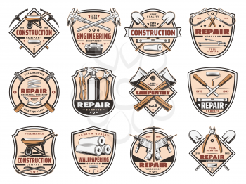 Tools workshop, construction and home repair equipment service icons. Vector house renovation and handyman work tools, carpentry hammer, woodwork plane grinder or cement wheelbarrow and electric drill