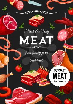 Farm butchery shop poster of meat, sausages and gourmet delicatessen. Vector Lyon sausages, salami and cervelat wursts, pork ham and beef steak with smoked bacon or turkey brisket and chicken leg