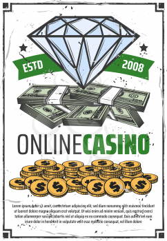 Casino gamble game and jackpot money win poster. Vector online casino poker wheel of fortune roulette gambling, diamond in ribbon with dollar gold coins bingo