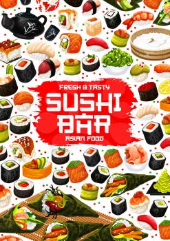 Japanese sushi bar menu, Asian cuisine restaurant. Vector suhsi and rice in nori, maki rools or salmon and eel sashimi, tobiko ikura roll, ebi shrimp or unagi temaki and inari futomaki