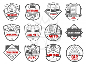 Auto spare parts and car accessory workshop icons. Vector tow belt, oils and chemical fluids, automotive service lung wrench tool and radiator, upholstery replacement and mechanic station sign
