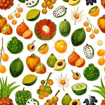 Exotic fruits seamless pattern background. Vector tropical harvest of durian, persimmon or akebia and star apple with champakka or bergamot and tropic naranjilla citrus fruits pattern