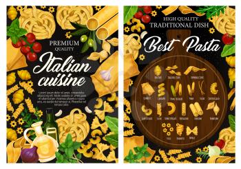 Italian cuisine pasta menu, traditional Italy restaurant. Vector fusilli, fettuccine or linguine, conchiglie or gnocchi and penne with cooking tomato and olive oil spices and herb ingredients
