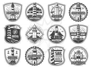 Nautical lighthouse icons, seafarer marine safety sailing adventure badges. Vector sea beacon with light beams, seagulls and anchor, compass navigator and frigate ship