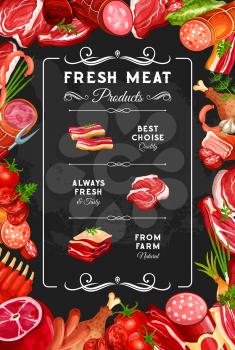 Meat and sausages, farm butcher shop poster. Vector gourmet delicatessen, beef steak or pork ham and chicken or turkey leg with brisket, salami and cervelat smoked wursts, mutton ribs