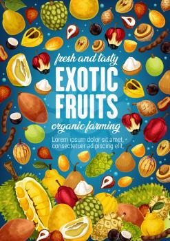 Exotic tropic fruits tamarind, jackfruit or pomelo and quince pear. Tropical fruit agriculture and farm market morinda, ackee apple or pepino and organic jabuticaba