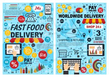 Fast food online delivery line art poster. Vector internet fastfood restaurant or worldwide delivery shop service on smartphone or mobile tablet, sushi or hot dogs, burgers or sandwiches and desserts