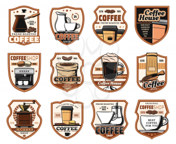 Coffee, cafe and cafeteria restaurant signs. Vector isolated icons of coffee machine, Turkish cezve and grinder mill, cappuccino or americano and espresso hot steam cups