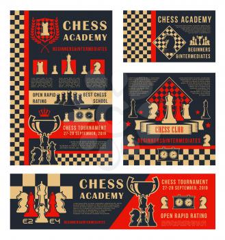 Chess sport tournament and school or academy championship banners. Vector chess leisure game pieces horse, rook and king crown on chessboard with score clock and victory cup