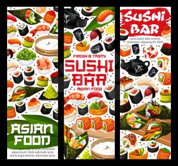 Japanese sushi bar banners of maki rolls, salmon and eel sashimi or tobiko ikura roll. Vector Asian cuisine restaurant suhsi and rice in nori, ebi shrimp or unagi temaki and inari futomaki