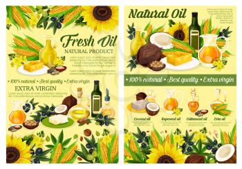 Natural cooking oils of sunflower, extra virgin olive and plants or nuts. Vector organic vegetable oil bottles of corn and coconut or linenseed, salad dressing and food cooking ingredients