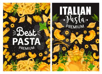 Italian cuisine pasta restaurant menu cover. Vector traditional premium quality Italian homemade pasta fusilli, fettuccine or linguine, conchiglie or gnocchi and lasagna with cooking spices and herbs