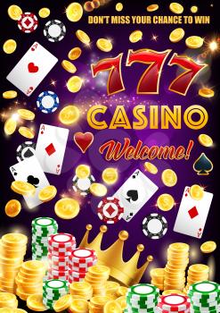 Casino wheel of fortune, dice and playing cards poster. Vector gambling game roulette with jackpot sparkling golden coins splash, victory crown and poker gamble token chips