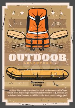 Rafting outdoor sport and recreational activity retro poster. Vector river extreme raft club summer camp, inflatable rafting boat, safety vest and paddles