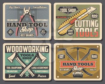 Construction and home renovation hand tools, handyman shop vintage posters. Vector cutting knife, pliers or nippers, woodworking ax and digging pickaxe and nail puller with toolbox