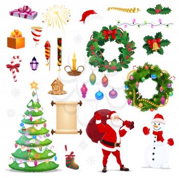 Christmas icons of Xmas and New Year vector winter holiday vector symbols. Santa, snowman with pine tree, gifts bag, bell and candle, red hat and gingerbread, holly wreath and candy, balls and sock