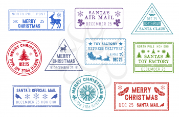 Christmas letters stamps, Santa Claus mail or post. Vector express delivery signs, postcards and holiday letter prints. Deer, gingerbread boy, Xmas tree, toy factory, sleigh and bullfinch, North Pole