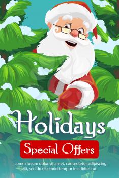 Christmas sale discount offer with cartoon Santa Claus, Xmas pine tree and snow. Vector Christmas winter holidays special price retail promotion poster
