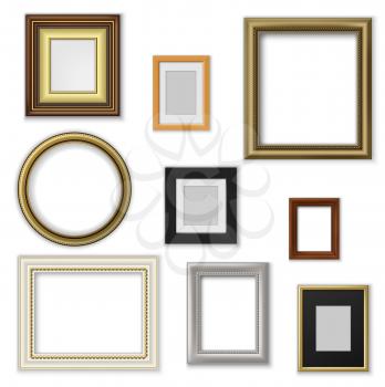Wall pictures and photo frames, square and round shape. Vector border of wood and plastic, interior design decor elements. Blank space for photography or artwork, house adornment