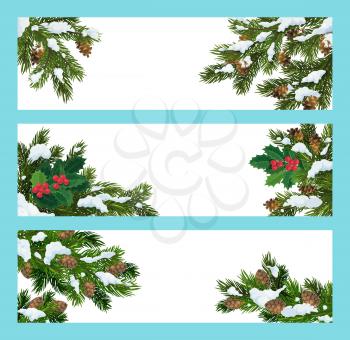 Christmas tree, snow and holly berry vector banners. Pine, fir and spruce green branches with snow and pine cones. Winter holidays greeting cards with copyspace