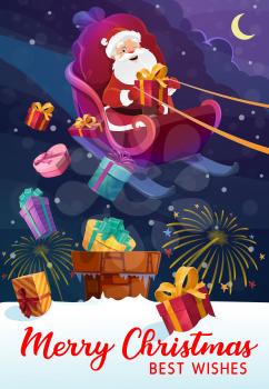Santa Claus on sleigh, bag or sack full of Christmas presents, Xmas gifts delivery. House roof and chimney, fireworks in night sky and moon. Noel fairy landscape, New Year holiday card, magic