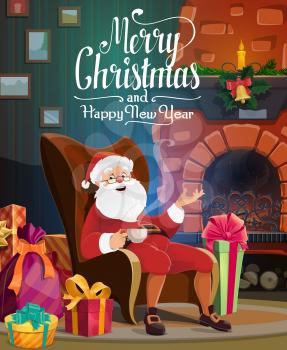 Santa Claus sitting in chair near Christmas fireplace, decorated by vector gift and present boxes, holly and pine tree garland, bell and candle. Xmas and New Year winter holidays greeting card
