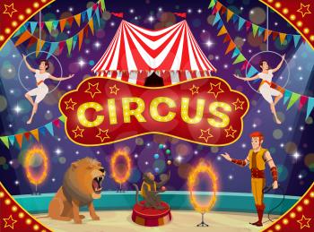 Circus show with trained animals and air acrobat performances. Vector top tent arena, lion and juggling monkey with trainer, trapeze girl and striped marquee, announcement poster with lights and flags