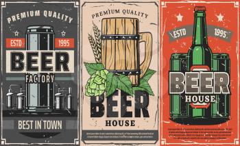 Brewery factory, vector craft or draught beer in wooden mug, bottle or can. Hop, malt and wheat low alcohol drink production, industrial or homemade product. For beer pub or restaurant design