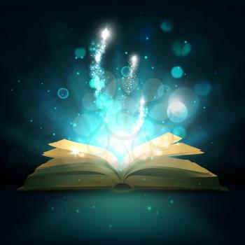 Magic book with light sparkles and shine. Vector fairy tale book with open pages, magic shiny stars light and sparkling fireworks on mystic bokeh rays background