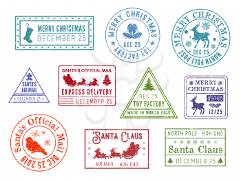 Santa Claus mail stamps. Vector deer and snowflakes, gingerbread man and sleigh, Christmastree and bullfinch. Post, postcard and letter element, direction or address, toy factory