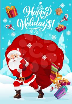 Merry Christmas winter holiday, Santa carry torn bag, gifts falling out. Vector Xmas celebration wish, gingerbread cookie biscuits, candy canes and presents with Christmas tree in snow forest