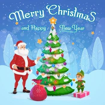 Merry Christmas and Happy New Year, Santa with gifts bag decorating Xmas tree. Winter holiday celebration, elf with Christmas lights and ornaments dwarf in snow forest with falling snowflakes