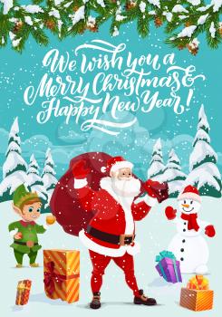 Merry Christmas and happy New Year greeting card. Vector Santa Claus and elf, gift box and sack of presents, snowman. Winter holiday celebration, forest in snow, fairy character and fir with cones