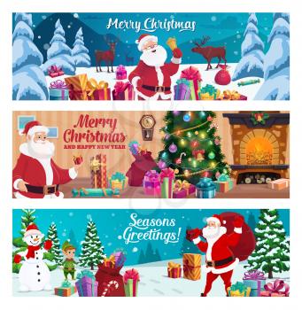 Merry Christmas and Happy New Year greetings, winter holidays. Vector Santa Claus and elf helper, deer and snowman, gift boxes or presents, fireplace and Xmas tree, forest and sack, cane candy