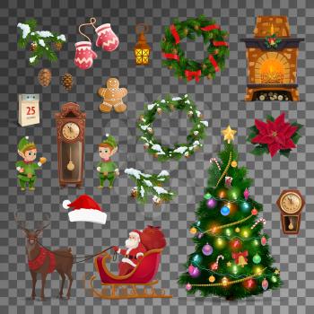 Christmas and New Year celebration vector symbols. Merry Xmas tree, Santa reindeer sleigh with gifts, gnome at eve clock and Christmas wreath, calendar and clock with fireplace, gingerbread cookie