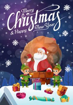 Santa Claus on roof in chimney, sack of Christmas gifts and gnomes. Vector present boxes with bow, winter holiday greeting card, fairy characters. Xmas presents delivery, Noel or New Year, snowflakes