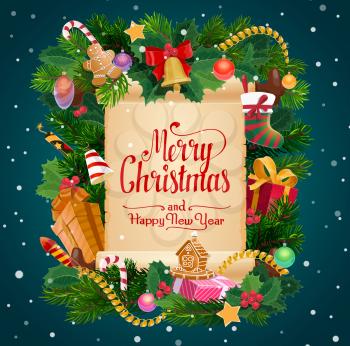 Merry Christmas winter holiday and Happy New Year celebration wish on paper scroll. Vector Xmas tree wreath decorations Santa gifts sock, firecracker and holly or gingerbread cookie biscuit in tinsel