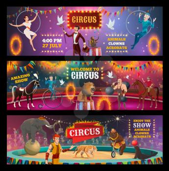Vector circus show and carnival performance of clown, magician and animal trainer, juggler, acrobats and strongman performers on arena stage with lion, elephant and bear, horse, tiger and seal