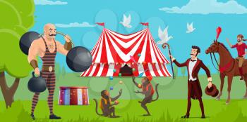 Circus show, tent and funfair, performers and trained animals. Vector strongman with weight and dumbbell, monkeys jugglers and equestrian on horse. Magician with dove, tricks and performance